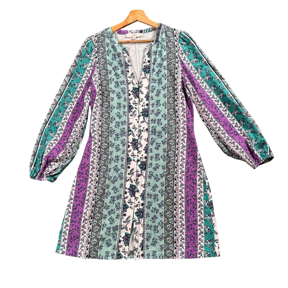 Boho Paisley Mini Dress Cottagecore Indie Festival V Neck Women 8‎ LOFT